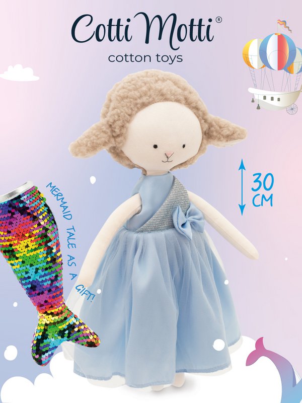 Coton Toy mou, Cotti Motti - Zoe The Mouton: Robe en satin bleu + conte de sirène bonus (30 cm)