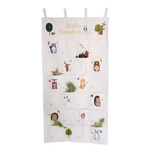 Advent calendar "Winter Wunderwald" made of cotton with embroidery and loops, 24 pockets (W/H) 13x14cm, beige (W/H) 60x120cm