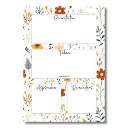 A daily planner A5 priority list with a floral design. The planner features sections for Monday through Sunday, with space for notes and reminders. The design includes various floral elements and patterns in warm, earthy tones.