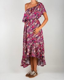 Purple floral off-shoulder dress, one-sleeve design, asymmetrical hem, bohemian style, women's casual midi dress.