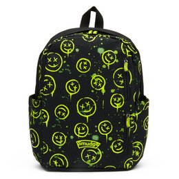 A black backpack with a repeating pattern of neon green smiley faces. The backpack has a simple, casual style and is suitable for kids.