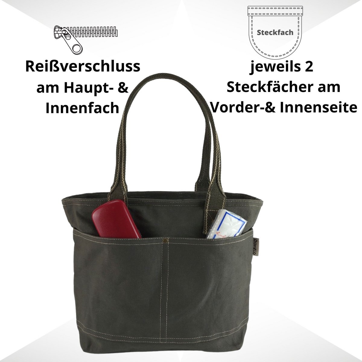 Domelo Damen gewachste Canvas Shopper. Wasserabweisende Handtasche.  Vegane Schultertasche . Einfarbig Damentasche A4 geeignet