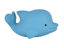 Soft, blue dolphin-shaped bath toy for babies. Made of safe, non-toxic materials. Designed to float and engage young children during bath time.