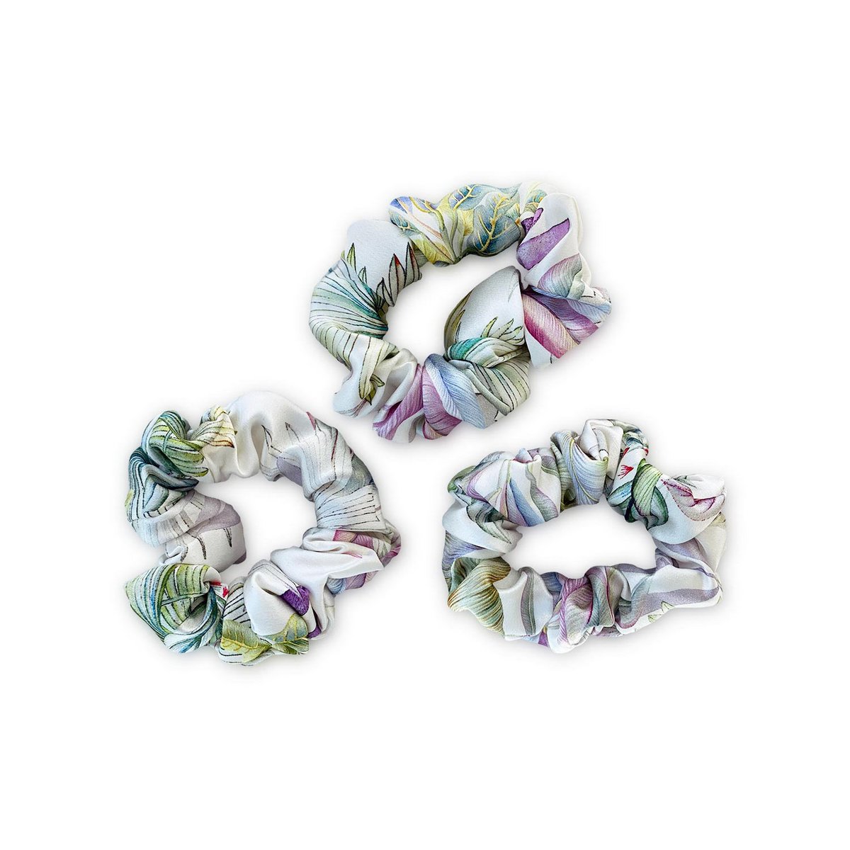 Set di scrunchies in seta da giardino iridescente con dettagli bianchi, verdi e viola