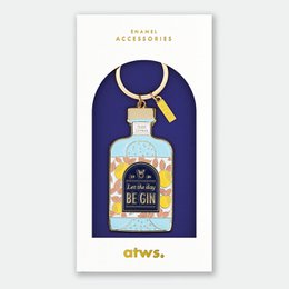 A colorful keychain featuring a bottle of gin with a playful, patterned design. The keychain has a metal ring for attaching to keys or bags.