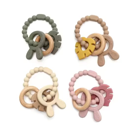 Soft & Hard | Bunny & Leaf RATTLE Wood & Silicone Teether | Sand & Khaki
