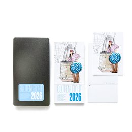 Jaarkalender 2026 met ansichtkaarten - illustraties - metalen doos - 12 motieven - om op te zetten en op te hangen