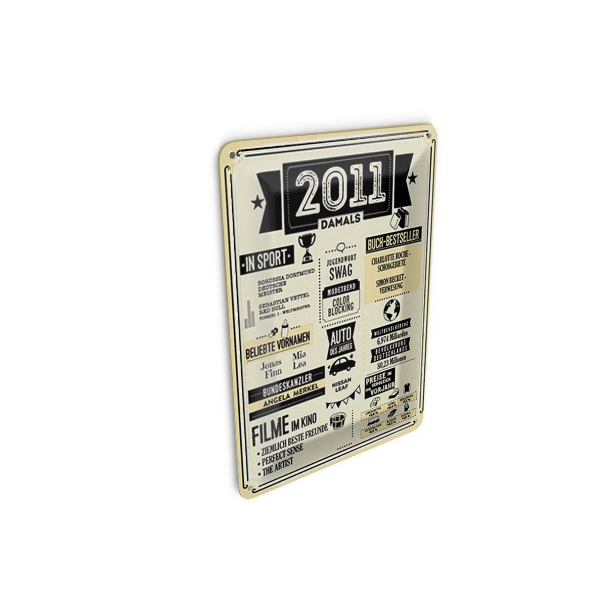 Blechpostkarte 14x10 cm Geburtstagsschild Jahrgang 2011 beige Schild