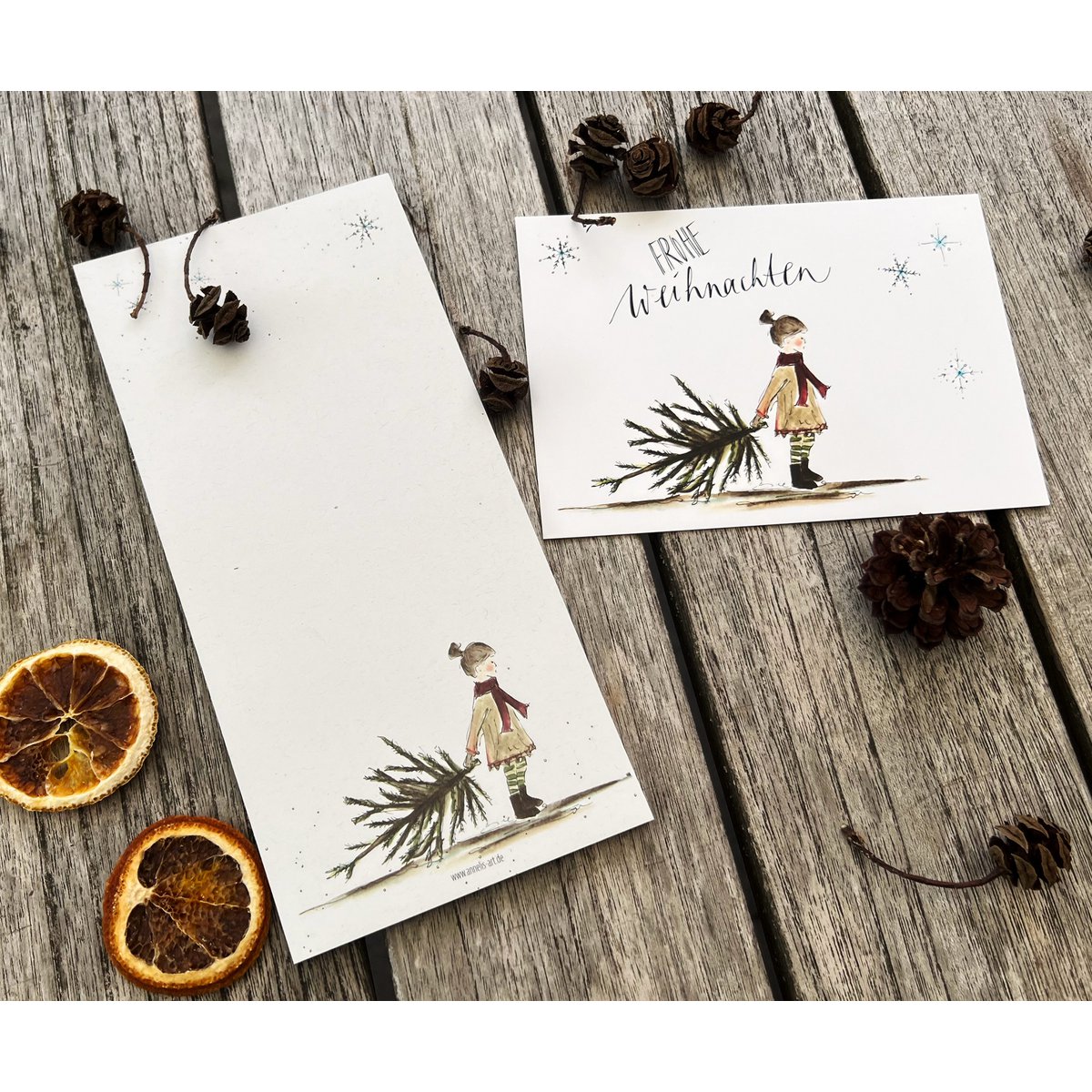 Christmas notepad | Sweet girl with fir tree | DIN format (long) | 99 x 210 mm | uninitated, white