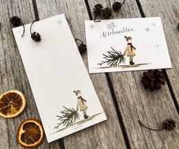 Christmas notepad | Sweet girl with fir tree | DIN format (long) | 99 x 210 mm | uninitated, white