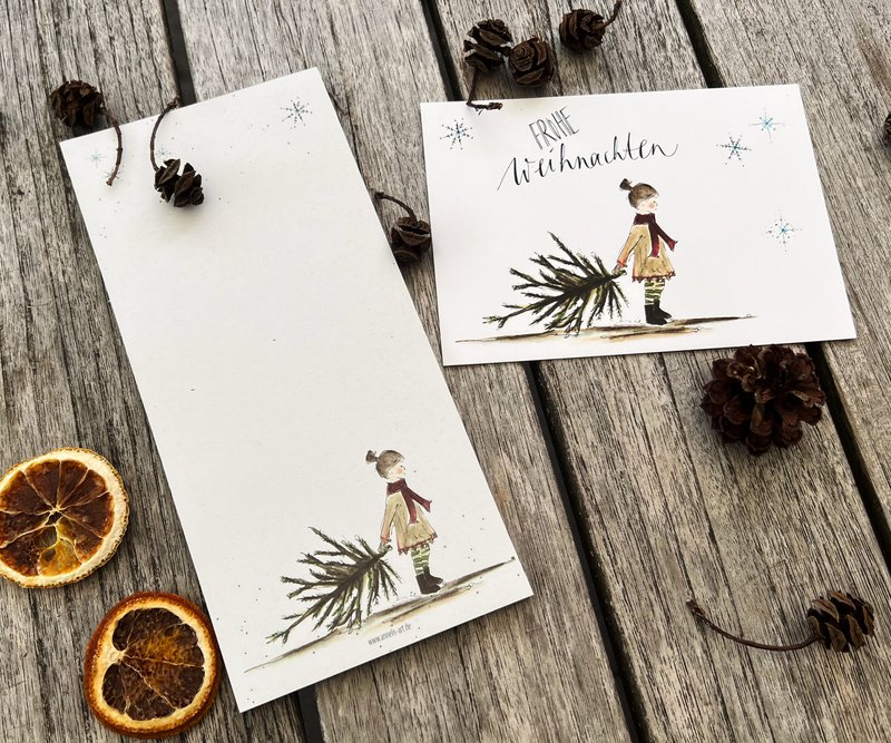 Christmas notepad | Sweet girl with fir tree | DIN format (long) | 99 x 210 mm | uninitated, white