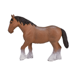 A large, brown Clydesdale horse toy with a thick mane and tail, standing on white hooves.