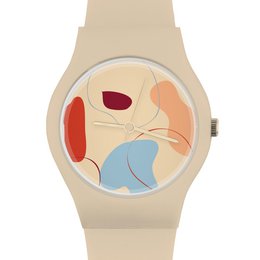 Beige watch with abstract colorful design on the dial. Minimalist style with simple shapes and patterns.