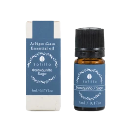  Sage essential oil in a glass bottle with a blue and white label. The essential oil is for aromatherapy and natural wellness purposes.