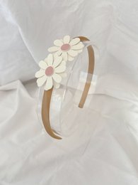 Old pink headband with two white and pink daisy flowers.