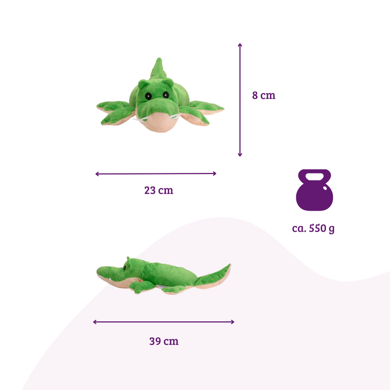Cuscino termico, la borsa dell'acqua calda naturale come un grande peluche caldo a forma di coccodrillo con imbottitura di miglio biologico ed erbe salutari