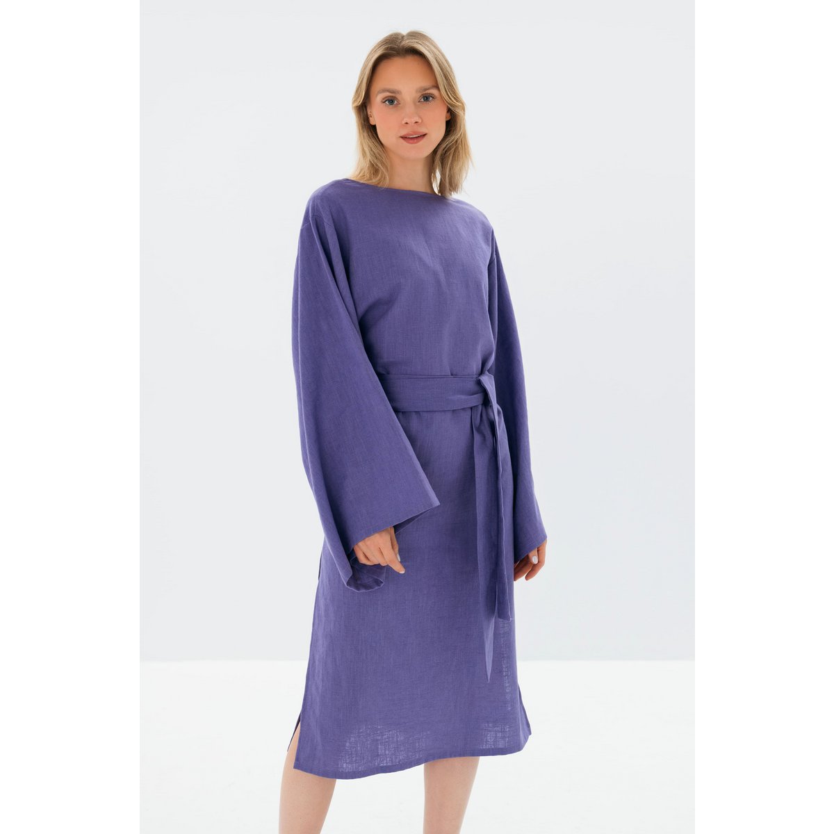 WHISPER — Vestido midi con mangas de kimono de lino lavado a la piedra