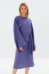 Stonewashed linen kimono-sleeve midi dress, available in red, deep blue, olive green, relaxed fit with tie waist.