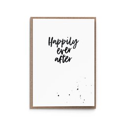 Elegant wedding greeting card with handwritten text "Happily Ever After" against a minimalist white background.