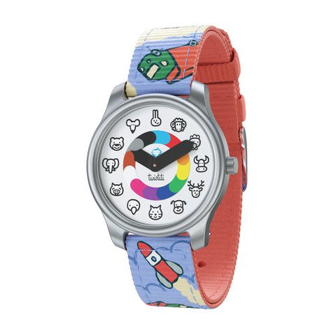 Twistiti - Educatief kinderhorloge voor kinderen van 3-6 jaar, met DIEREN wijzerplaat, waterdicht 50 meter, eenvoudig te verwisselen riem - wolken