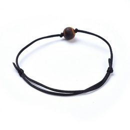 Gemstone bracelet with 8mm beads in a mix of colors, featuring a dark cord and wooden bead accent.
