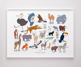 Colorful animal alphabet wall art featuring various wild animals in a playful, illustrated style. Suitable for children's rooms or nurseries.