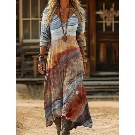 Boho Tie-Dye Akvarel Print V-hals Langærmet Maxikjole
