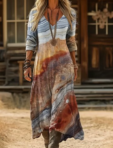 Boho Tie-Dye Akvarel Print V-hals Langærmet Maxikjole
