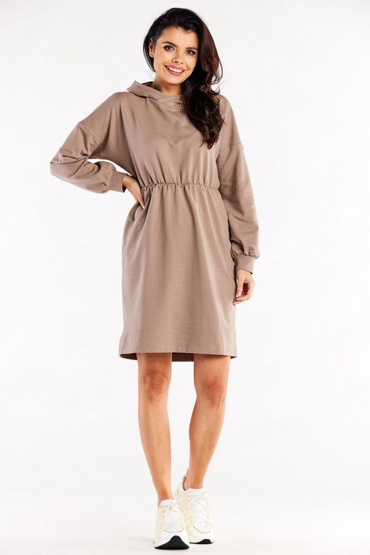 Wijde, beige katoenen jurk in hoodiestijl
