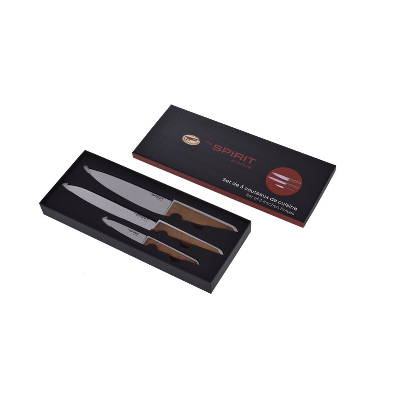 SOSL Coffret de 3 Couteaux - Couteau du Chef, à Emincer, d'Office, Acier Inoxydable et Bois de Bambou, Marron