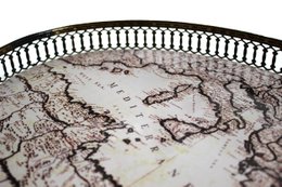 Signature tray oval antique world map edge grid gold