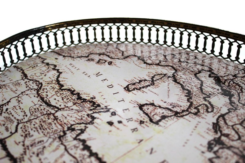 Signature tray oval antique world map edge grid gold