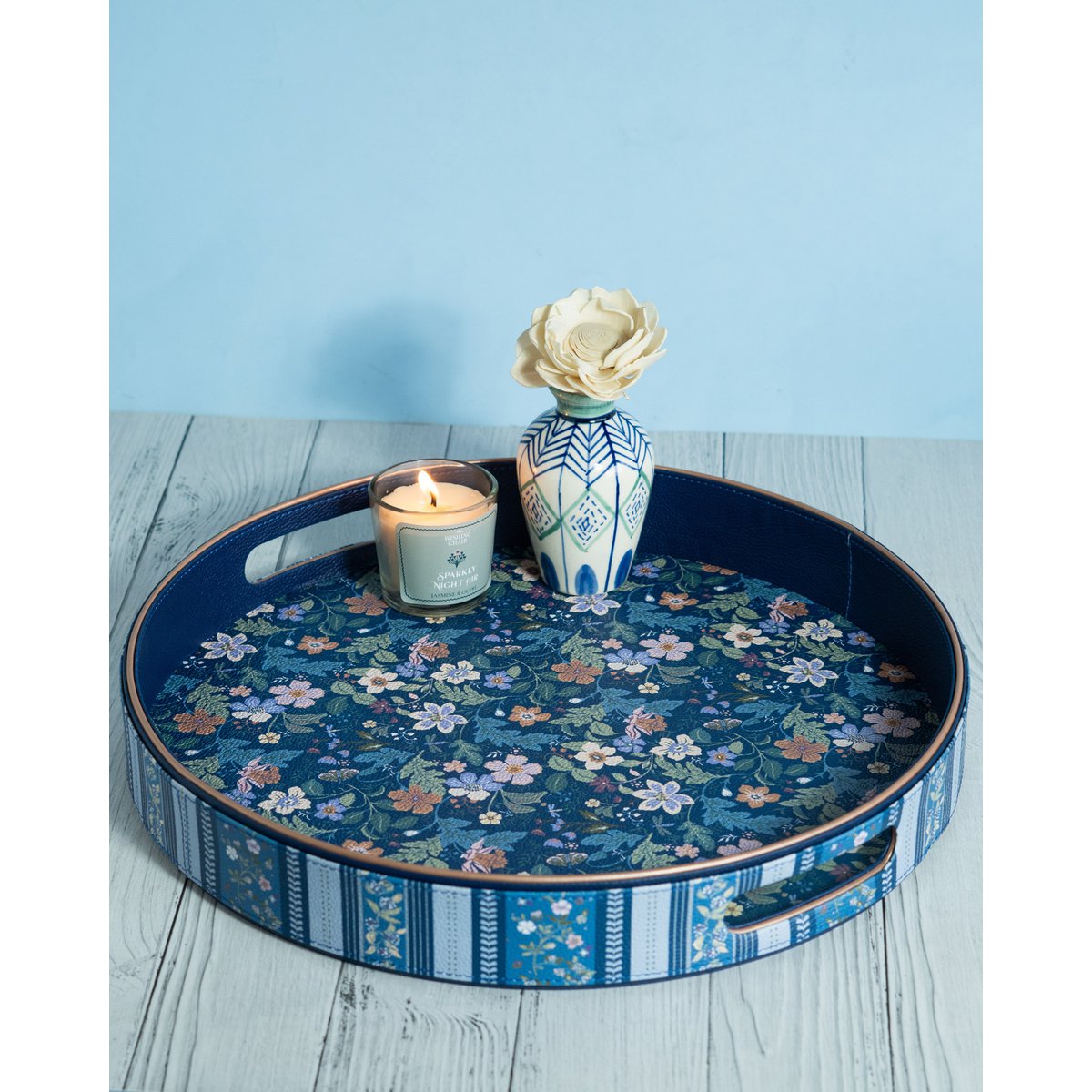Decorative Tray | Vegan Round Serving Floral Dia | Leather