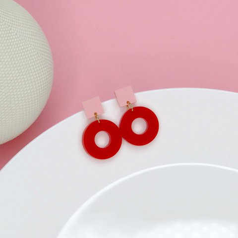 Square Circle Stud Earrings in Pink & Red