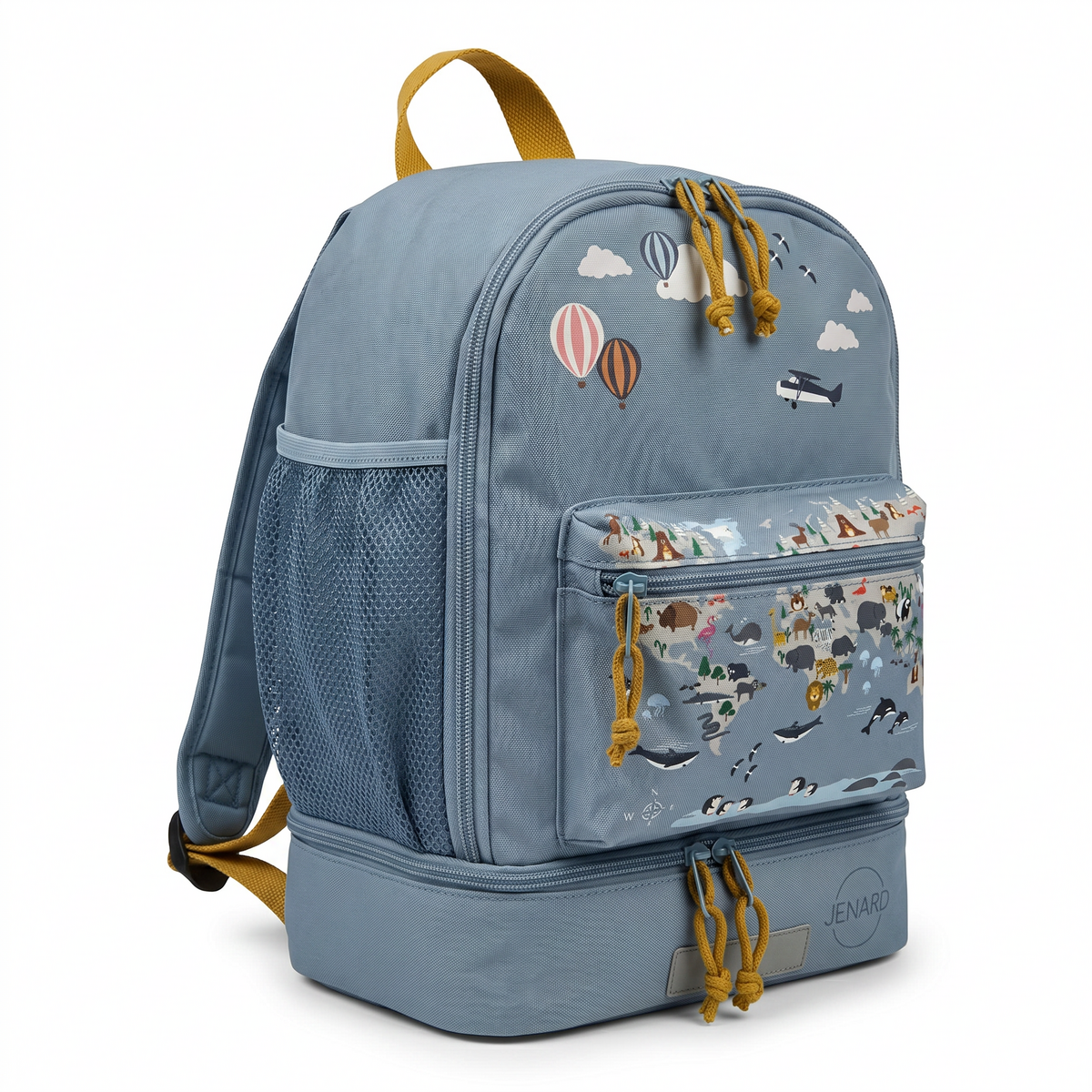 Jenard® kinderrugzak - lichtgewicht rugzak voor kleuterschool, school, sport & uitstapjes | met drinkflessenvak, reflectoren | Blauw/wereldkaart met dieren