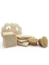 A cardboard box containing various kitchen cleaning supplies, including sponges, scrubbing pads, and other cleaning tools.