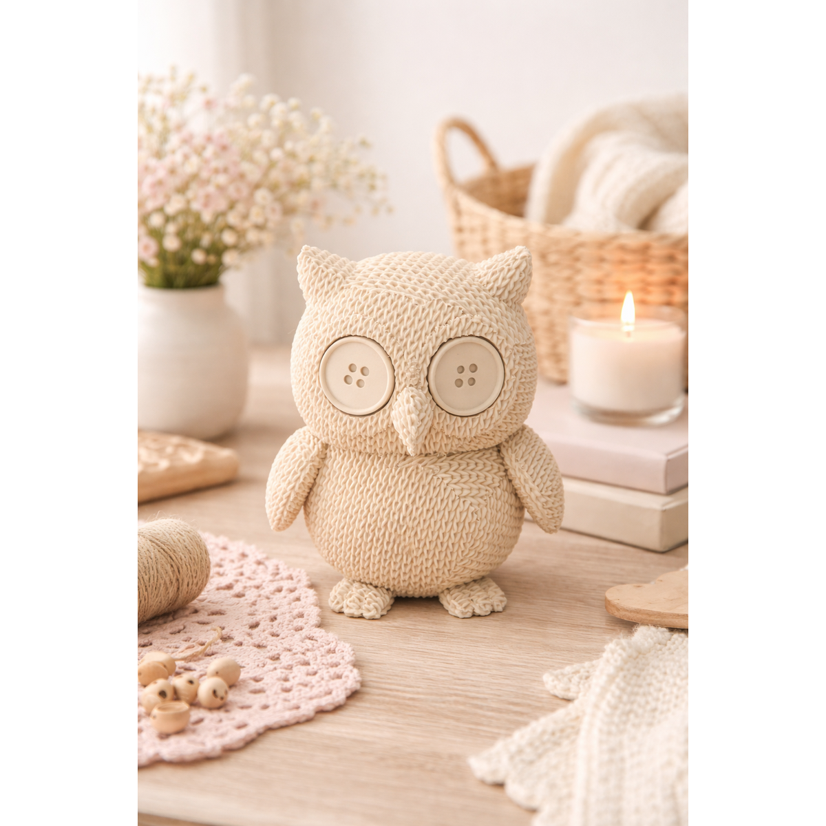Eterna Wonder – Eulenfigur im Strickstil – Dekoobjekt – Beige