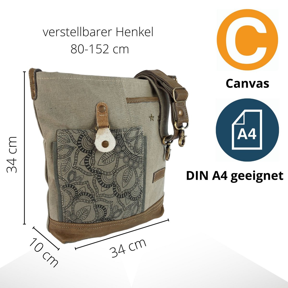 Sunsa dames schoudertas. Handtas gemaakt van canvas en leer. Schoudertas in vintagestijl. Grote kaki crossbodytas voor dames met mandala print