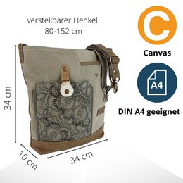 Sunsa dames schoudertas. Handtas gemaakt van canvas en leer. Schoudertas in vintagestijl. Grote kaki crossbodytas voor dames met mandala print