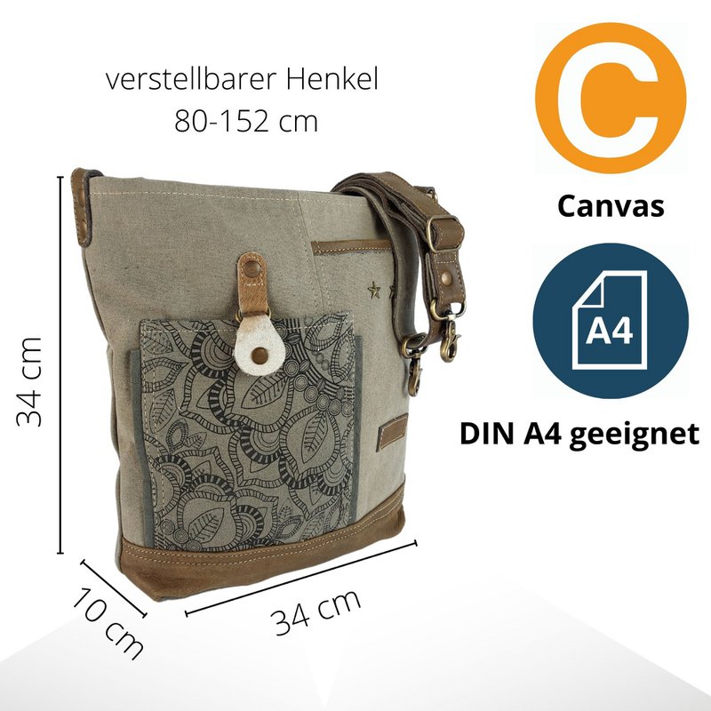 Sunsa dames schoudertas. Handtas gemaakt van canvas en leer. Schoudertas in vintagestijl. Grote kaki crossbodytas voor dames met mandala print