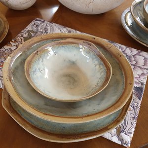 Soepbord ca. 20 cm, servies, handwerk, steengoed, uniek, bord, roomwit, mat