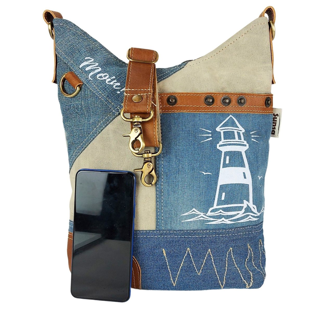 Sunsa hobo bag. Pouch bag made of upcycled jeans and canvas. Women's/girls' shoulder bag with adjustable handle. Lightweight large fabric bag with zipper.