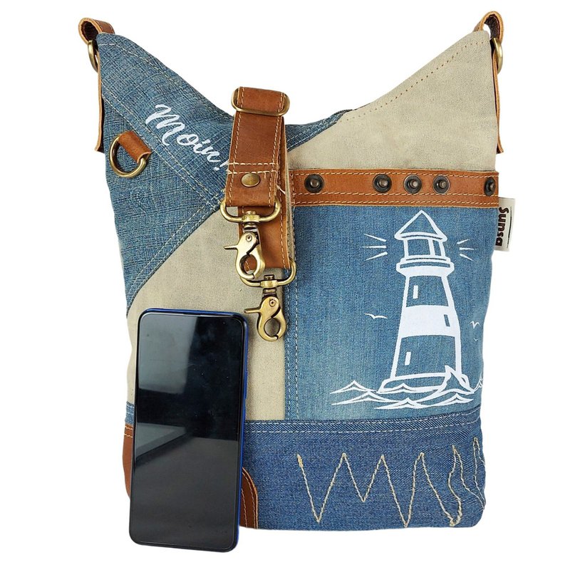Sunsa hobo bag. Pouch bag made of upcycled jeans and canvas. Women's/girls' shoulder bag with adjustable handle. Lightweight large fabric bag with zipper.