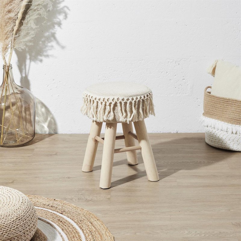 Handmade wooden stool with macramé seat - Ø 28 x 40 cm - boho / bohemian seat stool made of natural materials - decorative stool for living room, hall or bedroom - side stool - brown