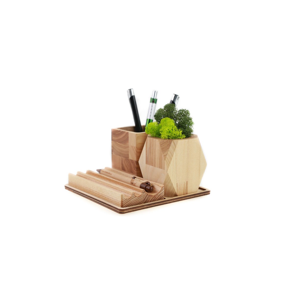 Wooden desk organizer with moss, Desk accessories with moss