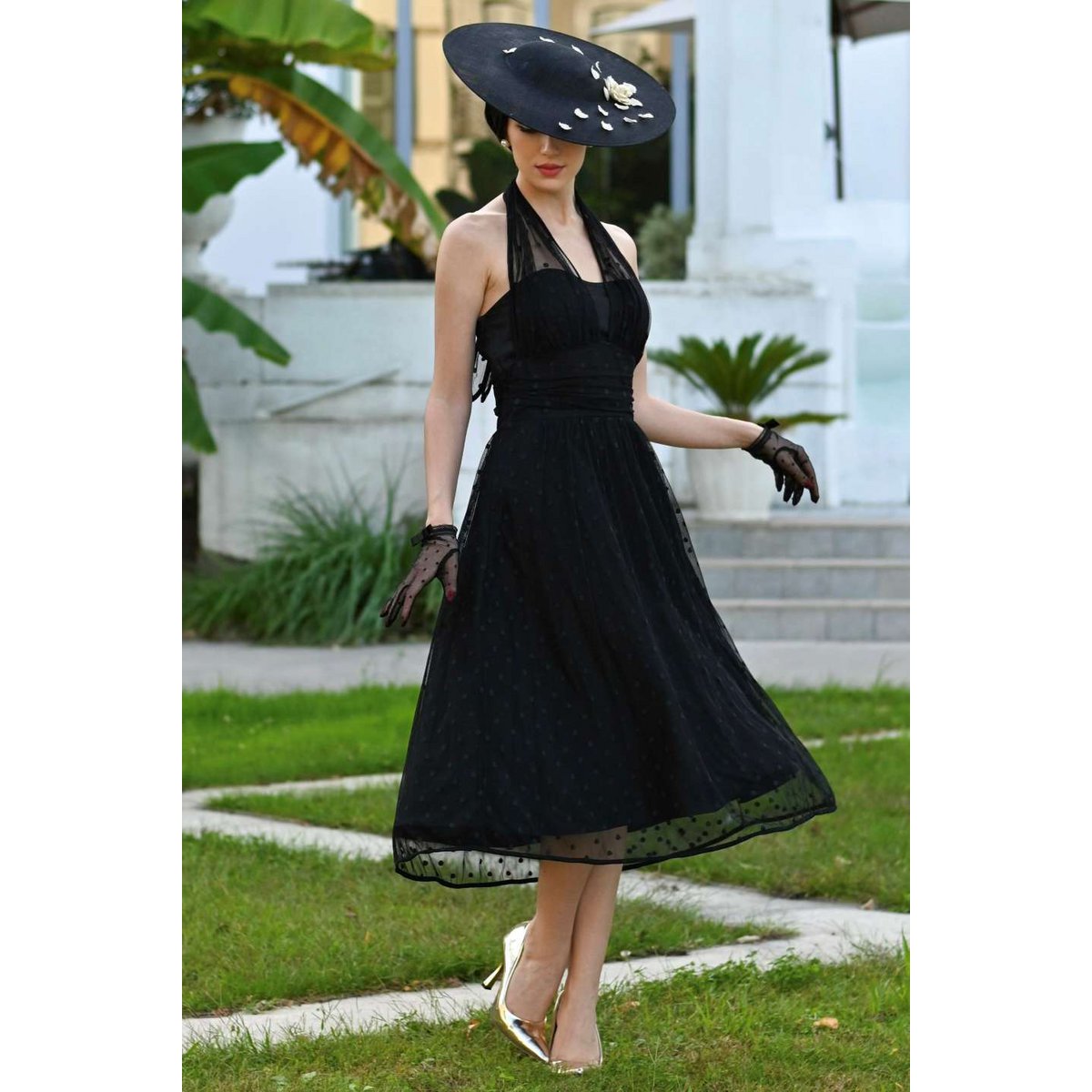 EU STOCK Dorothea Black Polka Dot Mesh Halter Dress