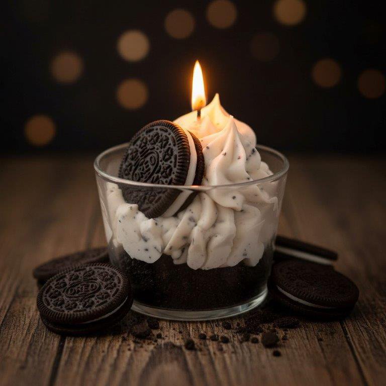 LAVURI Nòrio Dessert Candle CUP, cookie vanilla scent, black/white colored, handmade bio vegan soy wax - Duftkerze