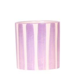 Lilac-colored ceramic plant pot with painted vertical stripes, suitable for holding a small potted plant or flower.