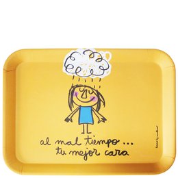 Rectangular yellow serving tray with a whimsical illustration of a smiling girl and the Spanish text "al mal tiempo, tu mejor cara" which means "in bad weather, your best face".