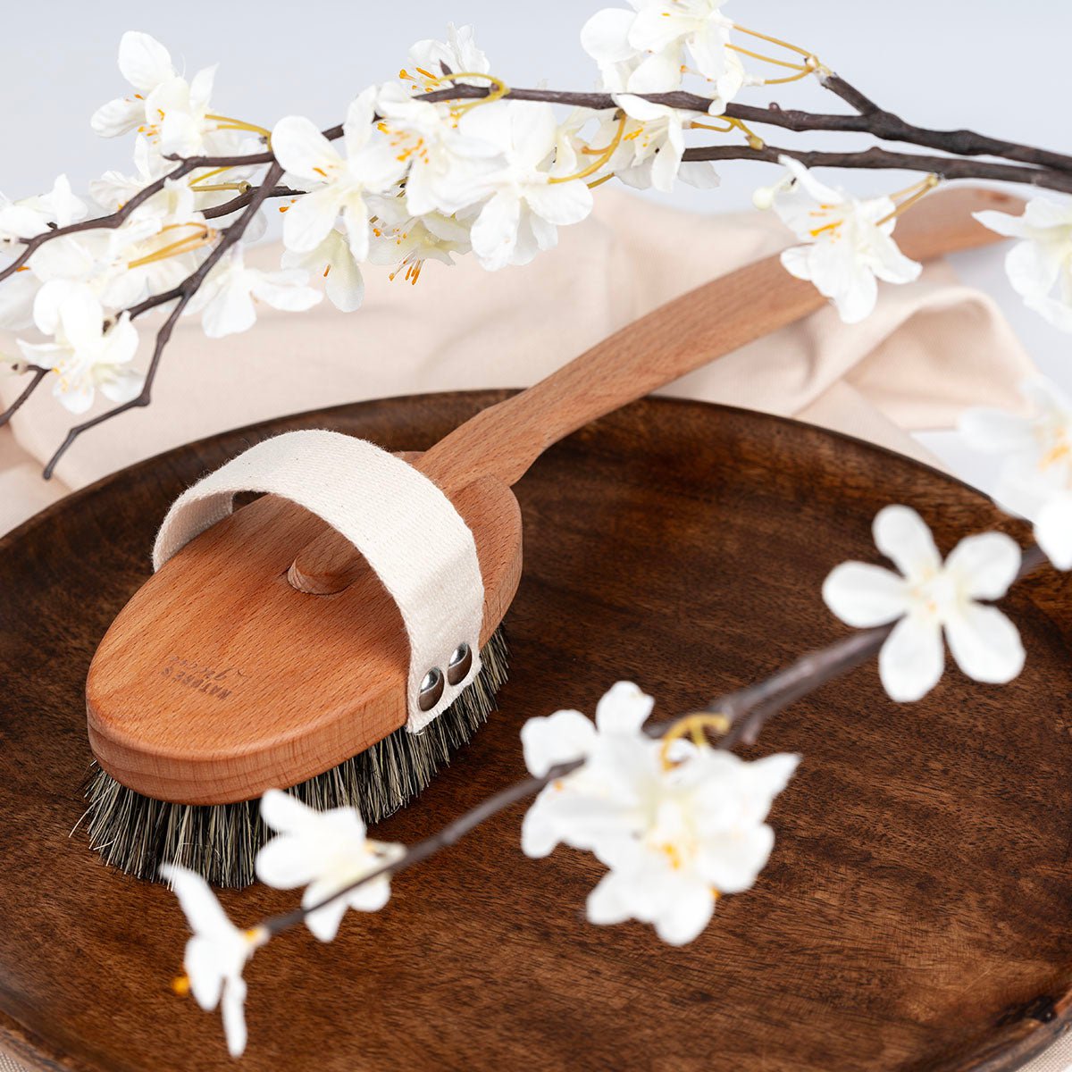 Wooden natural body brush with long detachable handle